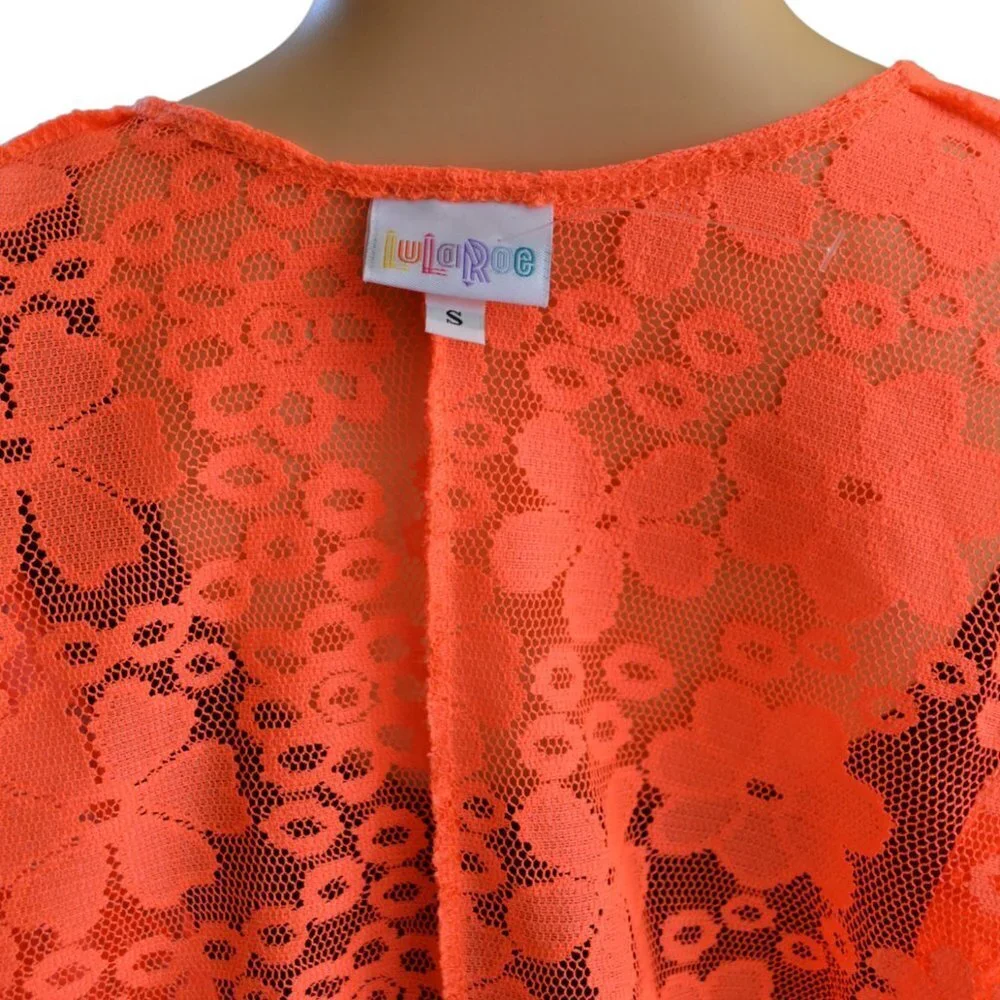 LuLaRoe Lindsay Kimono Neon Orange Floral Lace, Light Cover Up Halloween Fall - Picture 7 of 8